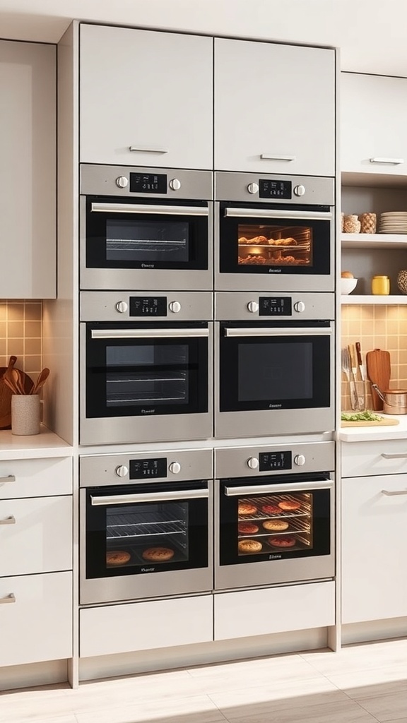 A modern kitchen with a 4-oven setup, showcasing a stylish and efficient cooking space.